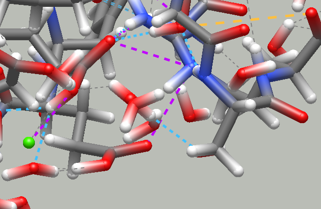 Zoomed view into '1ayo', displaying many salt bridges, hydrogen and chalcogen bonds...