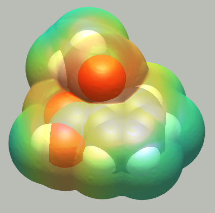 An Aspirin molecule with a solvent-accessible surface colored by electrostatic potential